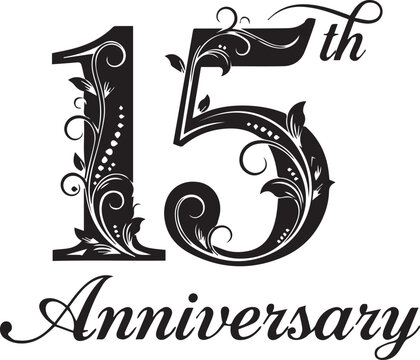 Elegant 15th Anniversary black and white decorative flourish vector design isolated on white background