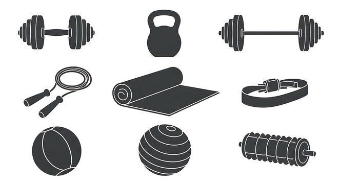 Collection of Fitness Equipment Icons for Sports and Exercise.