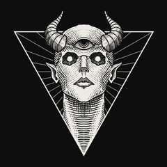 Illustration of Mystical Creature with Third Eye and Horns in Engraved Style Vector