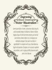 Ornate Hand Drawn Engraved Frame for Vintage Invitation Vector Illustration