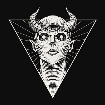 Illustration of Mystical Creature with Third Eye and Horns in Engraved Style Vector