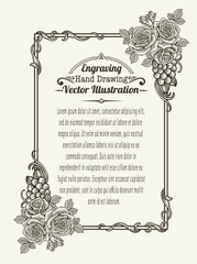 Elegant Hand Drawn Engraved Roses and Ornamental Frame Vector Illustration