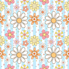 Retro Groovy Pastel floral seamless pattern with pink flowers with strip for spring textile design