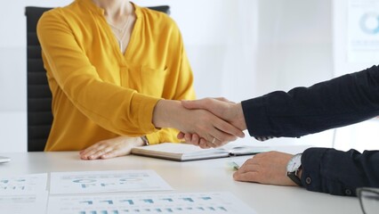 Professional businesspeople shaking hands, confirming partnership agreement in contemporary corporate workspace