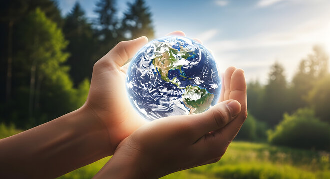 Human hands gently cradle a glowing earth globe symbolizing environmental conservation and the future of our planet in a lush forest setting