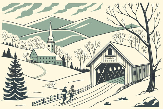 &ldquo;Stowe Vermont with ski slopes and covered bridge, winter vector&rdquo;