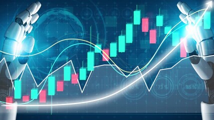 This image showcases human-like robotic hands engaging with vibrant financial data charts, representing the exciting intersection of technology and finance in today market. Copula - Powered by Adobe