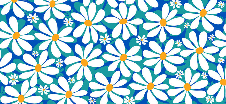 White daisy flowers, bold floral pattern wide background, cheerful retro vibe cover design background, web banner