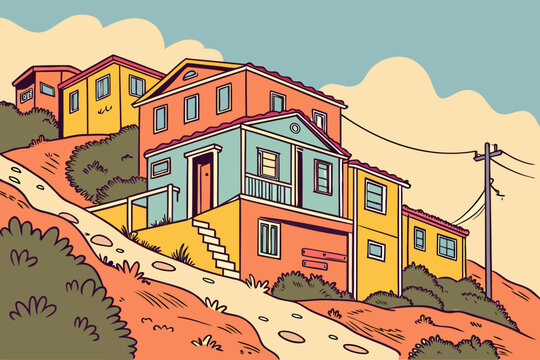 &ldquo;Bisbee Arizona colorful hillside homes, artistic vector&rdquo;