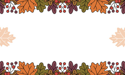 Hand drawn horizontal banner pattern with autumn bright leaves and berries in retro color template Flat doodle style Vector