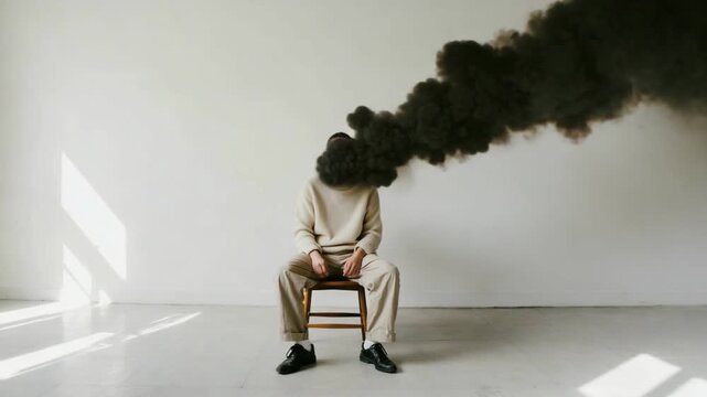 The Weight of Thought: A seated figure with a wisp of dark smoke billowing from the head, capturing the burden and complexity of the internal world.
