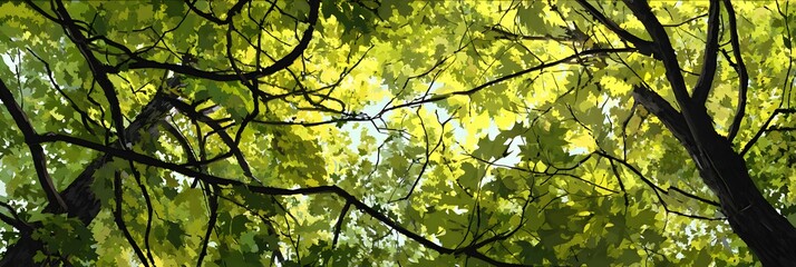 Obraz premium Canopy of dense green foliage arches overhead revealing glimpses of bright sky beyond the dark limbs.