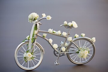 Decorative bicycle adorned with white roses and ribbon for a special occasion decor