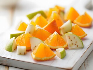 Delicious fruit salad with oranges and pears on a white wooden cutting board photo