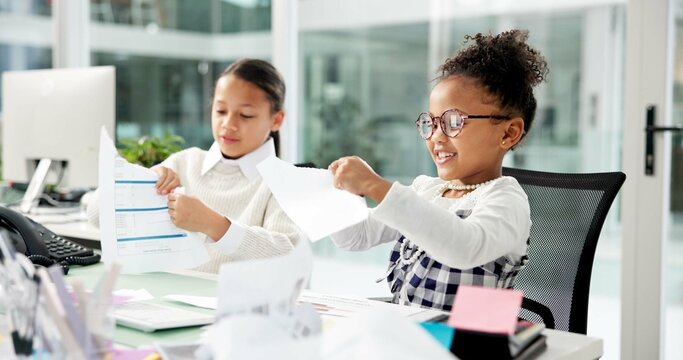 Business, children and tear paper in office for finance, pretend and role play with bankruptcy. Happy kids, workplace and rip document for tax debt, accounting team and girls dress up for cosplay