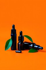 Essential oils and leaves on an orange background for holistic health and wellness