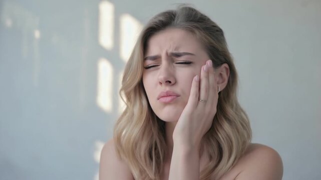 Suffering in Silence: A woman clutches her face, a clear portrayal of discomfort and pain, her expression etched with worry and the weight of her distress.
