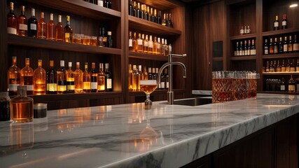 Elegant bar interior featuring bottles and drinks for beverages advertisement