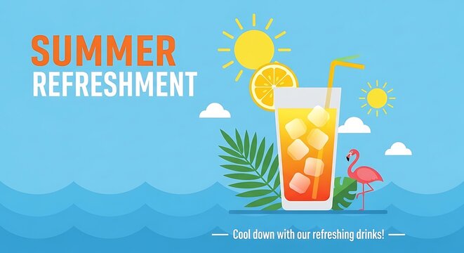 Summer Refreshment Cool Drink with Flamingo and Sun.