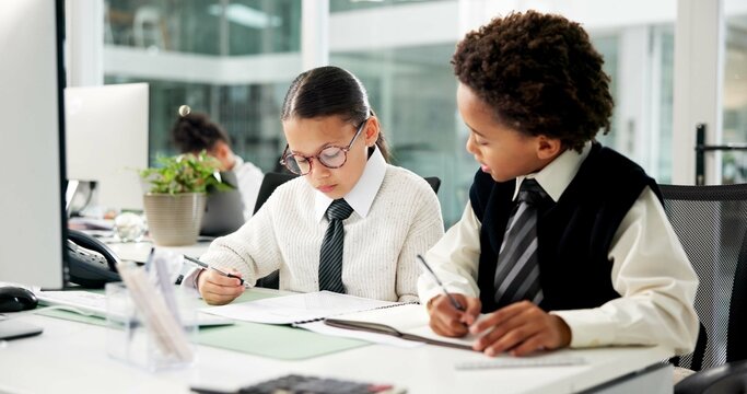 Business, children and reading with document in office for accounting, finance report and pretend. Kids, team and role play with paperwork on budget reminder, financial audit and coworking in company - Powered by Adobe