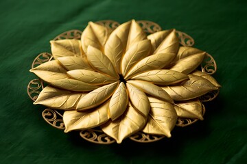 Golden leaves arranged in a circular pattern on a decorative golden stand against green