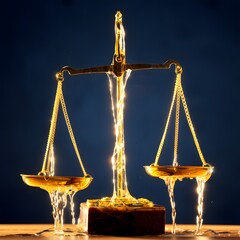 Golden scales of justice with liquid flowing symbolizing imbalance and corruption
