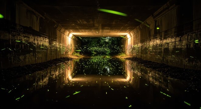 Numerous glowing insects illuminate the interior of a dark, reflective concrete underpass entrance at night