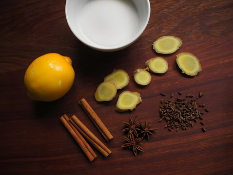 Ingredients for a warm drink with lemon ginger cinnamon cloves and star anise laid out