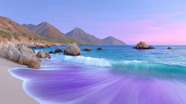 Serene wide-angle coastal shot at dusk with lavender hues on wet sand and turquoise ocean waves crashing on rocky shore with distant mountains under a pastel sky