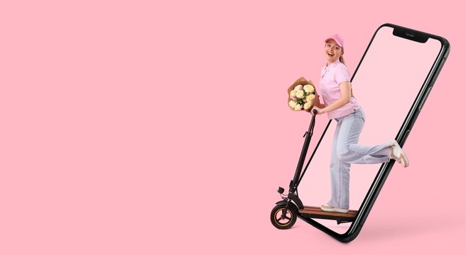 Big mobile phone and female courier with bouquet of flowers riding kick scooter on pink background with space for text