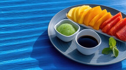 Vibrant Tropical Breakfast Platter Featuring Sliced Mango Papaya And Watermelon With Green Granita And Dark Soy Sauce On A Textured Blue Surface With Mint Garnish