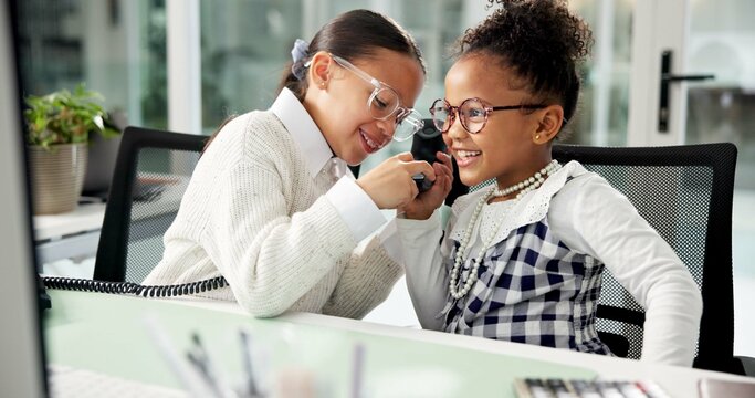 Pretend, phone call and kids in office for business, deal or negotiation with communication. Happy, landline and girl children on mobile discussion for role play with corporate career in workplace. - Powered by Adobe