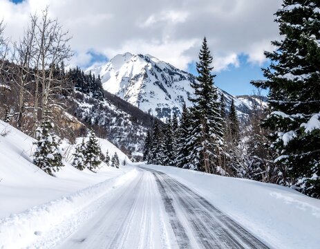 Snowy mountain scene with road. Trees frame a snow-covered mountain peak