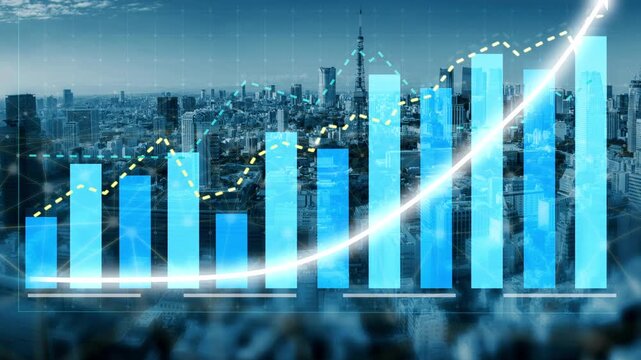 This image illustrates a vibrant city skyline combined with financial growth concepts, showcasing modern bar graphs and digital elements that depict urban business advancement. Copula