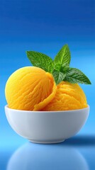 Vibrant Yellow Mango Ice Cream Scoops in White Bowl Garnished with Fresh Mint Leaves Against a Gradient Blue Studio Background with Soft Lighting