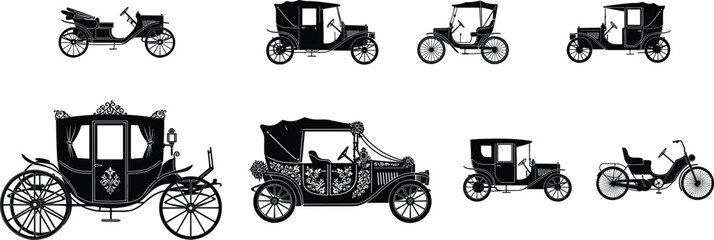 Vintage vehicle silhouette set, horse carriage and early automobile vector, antique transport icons, editable flat design, black isolated elements