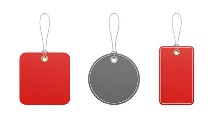 Three hanging tags in different shapes and colors with metal hooks on a black isolated background