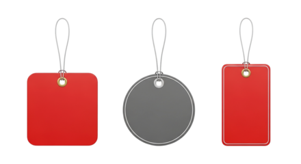 Three hanging tags in different shapes and colors with metal hooks on a black isolated background