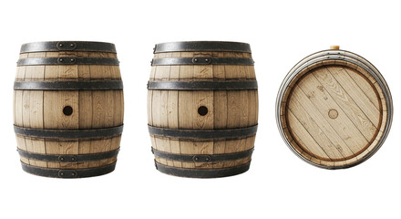 Three wooden barrels with metal bands are displayed against a black background in a studio shot