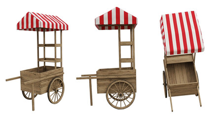 Three views of a wooden market cart with a red and white striped canopy on a black background