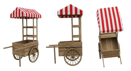 Three views of a wooden market cart with a red and white striped canopy on a black background