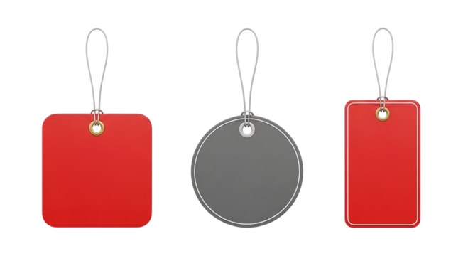 Three hanging tags in different shapes and colors with metal hooks on a black isolated background
