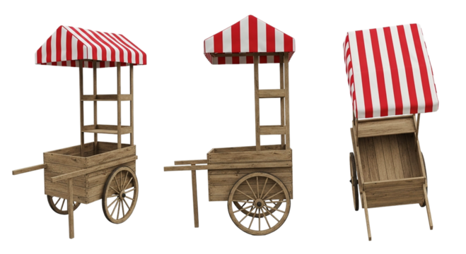 Three views of a wooden market cart with a red and white striped canopy on a black background