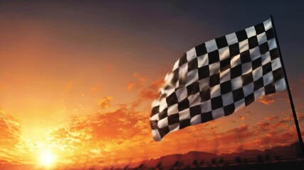 Sunset blaze over horizon as a checkered racing flag waves beside a dusty track. With distant hills - Powered by Adobe