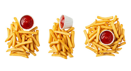 Three portions of french fries with ketchup in white cups on a black background from above view