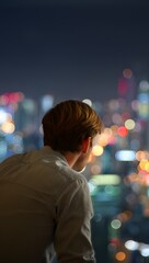 Man gazing at city lights at night from high above with a thoughtful expression on his face