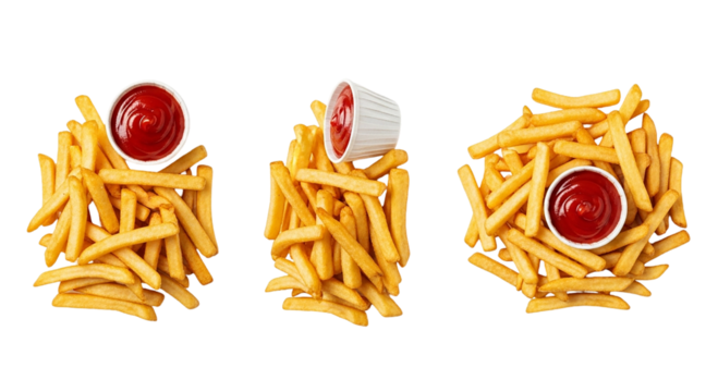 Three portions of french fries with ketchup in white cups on a black background from above view