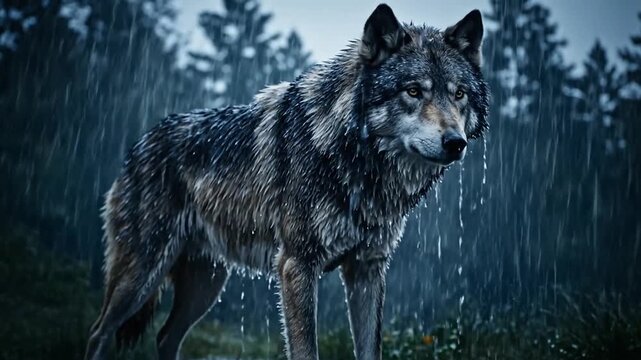 wolf standing majestically in rain