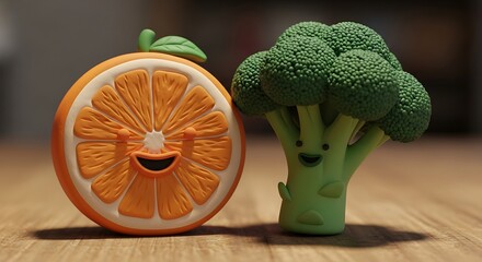 Cute Orange and Broccoli Characters on Wooden Surface.