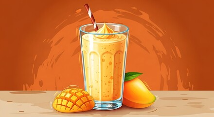 Refreshing Mango Smoothie with Fresh Mangoes on a Vibrant Orange Background.